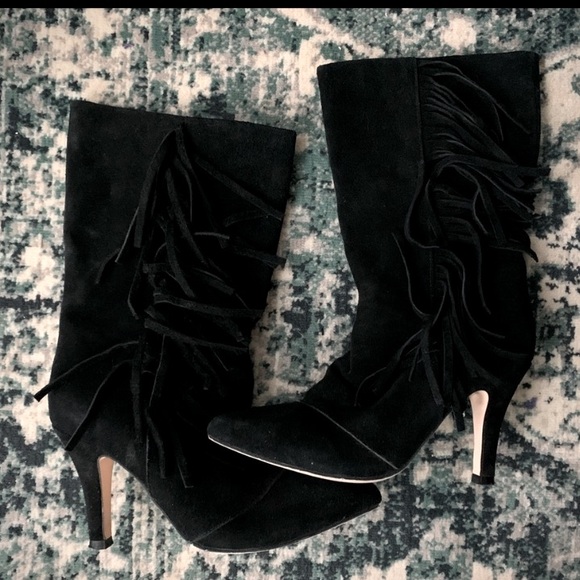 Black Suede Fringe Boots. - Picture 2 of 5
